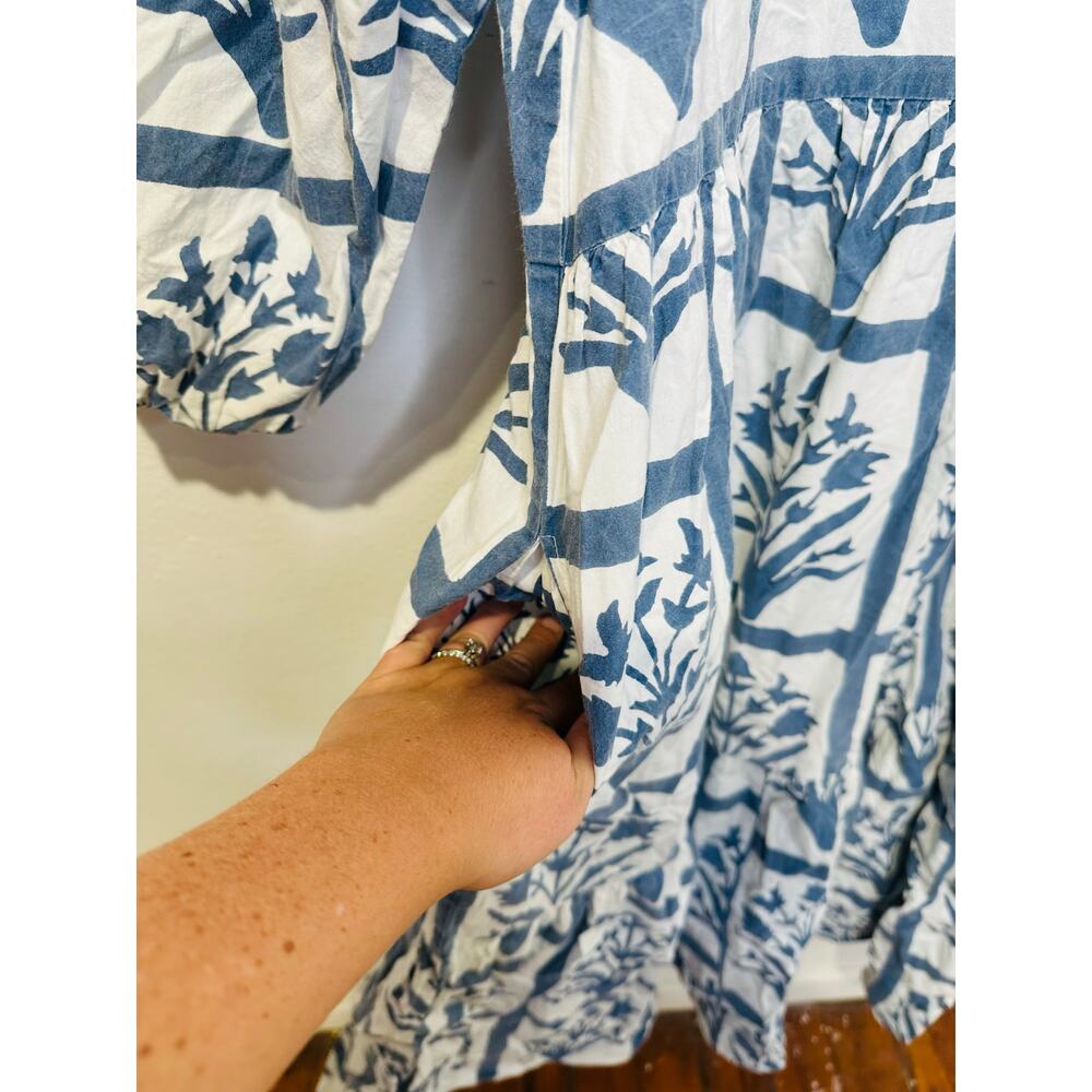 SZ BLOCKPRINTS Blue White Floral 100% Cotton Long Sleeve Orti A-Line Dress Small - Picture 11 of 16